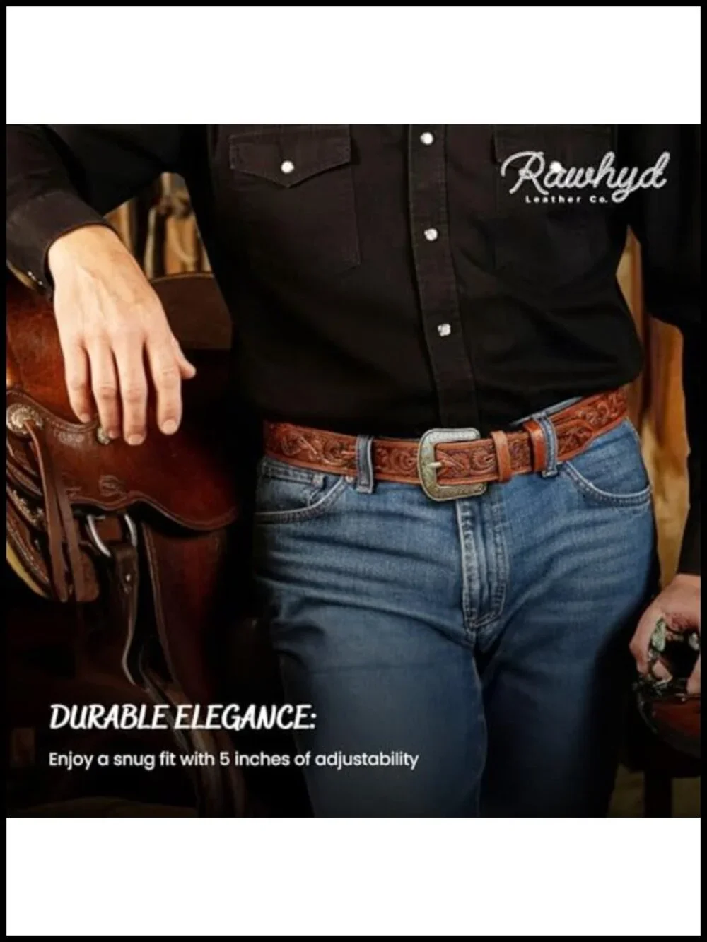 Men's Full-Grain Leather Western Tooled Belt with Buckle 34-36